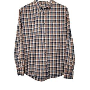 Hagger button down Mens Large Rust Blue Plaid long sleeves Point Collar 100% Cot